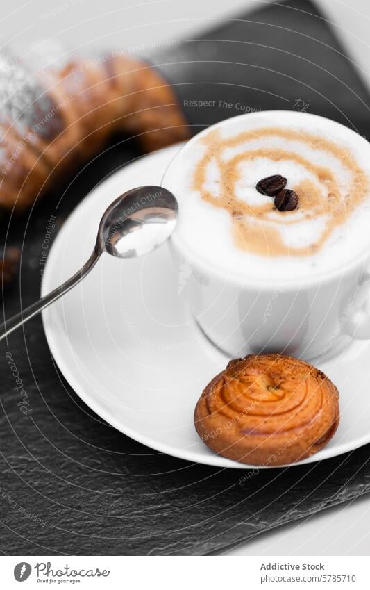 Kolumbianischer Kaffee und hausgemachtes Croissant auf Schiefer kolumbianisch selbstgemacht Tablett gebraut Tasse butterartig Gebäck Frühstück frisch Koffein