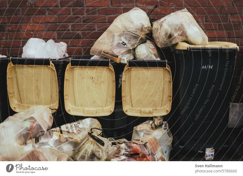 übergelaufene Mülltonnen und viel Müll daneben Abfall Müllbehälter entsorgen Umwelt Umweltschutz Müllentsorgung wegwerfen Sauberkeit Ordnung Müllabfuhr