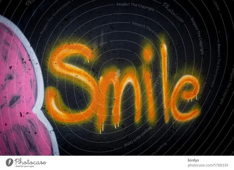 Smile, leuchtend orangefarbenes Graffiti auf schwarzem Hintergrund lächeln Freude smile Lebensfreude Optimismus Glück Wort Fröhlichkeit Zufriedenheit glücklich