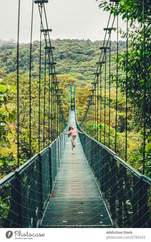 Überqueren Sie die üppigen Baumkronen auf einer Hängebrücke Costa Rica Tourist Kettenbrücke Grün reisen Abenteuer Landschaft im Freien Person Spaziergang