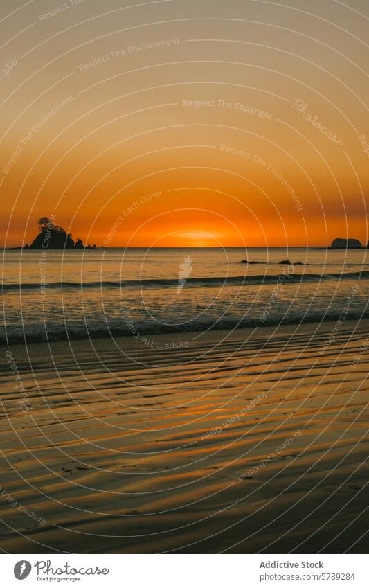 Gelassener Sonnenuntergang an einem Strand in Costa Rica Sand Wellen goldene Stunde Gelassenheit Himmel Inselchen Silhouette reisen Natur Landschaft Meer Ruhe