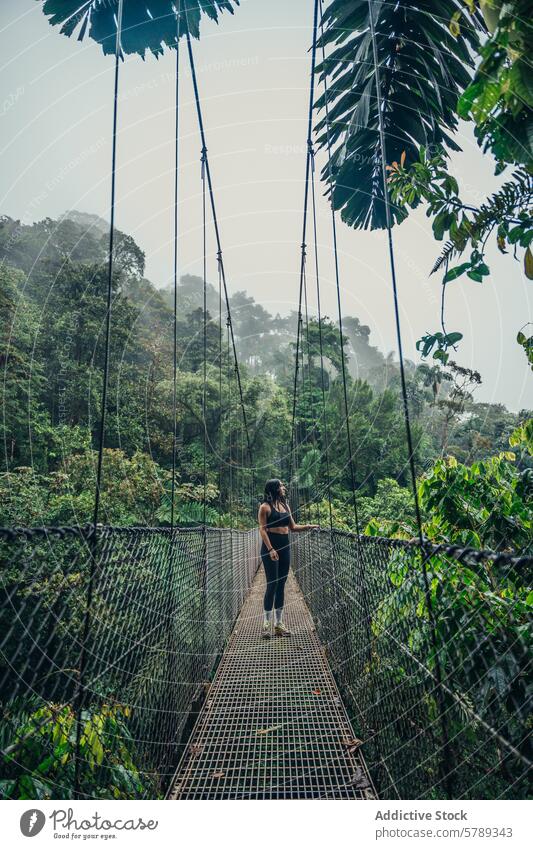 Dschungelabenteuer auf einer Hängebrücke in Costa Rica Abenteuer reisen Regenwald tropisch Alleinreisender Natur exotisch Frau laufen Schutzdach Erkundung