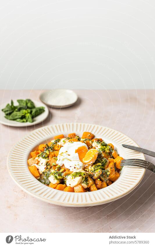 Gebratener Kürbis mit Mayonnaise und Pesto auf einem Teller gebraten Squash pochiertes Ei frisch Suppengrün Lebensmittel Küche Gesundheit Gemüse cremig