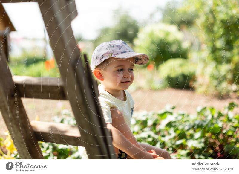 Fröhliches Kind spielt draußen in einem üppigen Garten Sommer im Freien Hut spielerisch hölzern Struktur Grün Blumen freudig Sitzen Sommertag üppig (Wuchs)