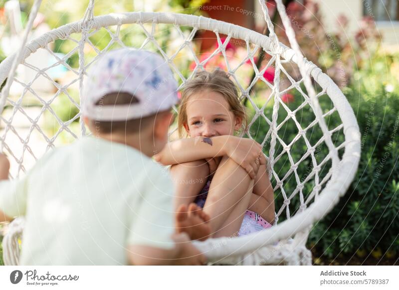 Fröhliche Geschwister spielen auf einer Schaukel auf dem Lande Kind Geschwisterkind pendeln Garten Landschaft Freude Spaß Fröhlichkeit heiter sonnig Tag