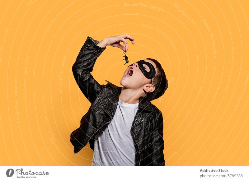 Junge im Superheldenkostüm isst spielerisch Spielzeugspinne Kind Tracht spielen Vorstellungskraft Atelier orange Hintergrund Mundschutz so tun, als ob Spinne