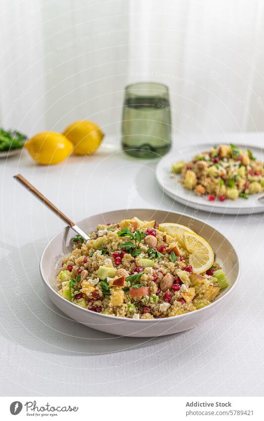 Frisch zubereiteter Quinoa-Salat mit Curry auf einem Tisch Salatbeilage Schalen & Schüsseln frisch Gemüse Muttern Zitrone Scheiben Hintergrundbeleuchtung