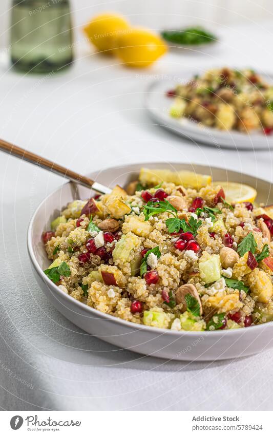 Frischer Quinoa-Salat mit Curry-Aromen in einer Schüssel Salatbeilage Schalen & Schüsseln Lebensmittel Gesundheit Vegetarier Veganer Seitenansicht Zutaten