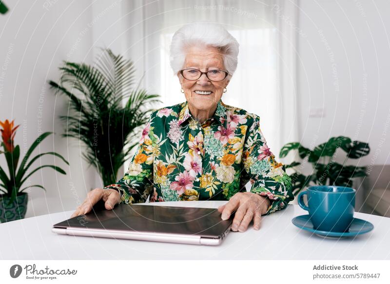 Ältere Frau mit Laptop zu Hause älter Senior Arbeit heimwärts Innenbereich Tisch Kaffee Tasse heiter Technik & Technologie Computer online Brille Lächeln aktiv