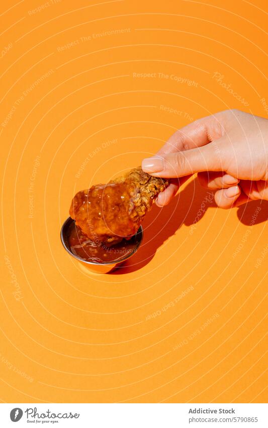 Knusprige Hähnchenflügel in süßer Soße getaucht Hühnerflügel süße Sauce eintauchend Hand oranger Hintergrund Lebensmittel golden glänzend Snack Amuse-Gueule