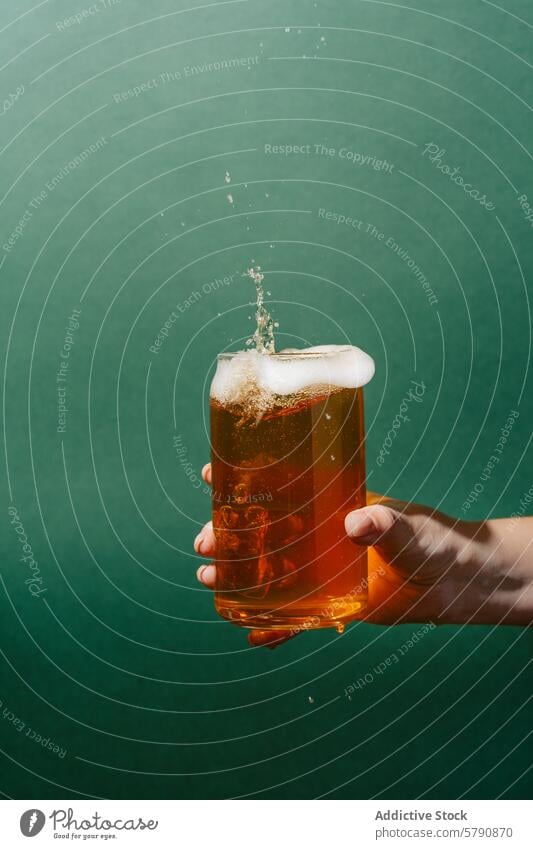 Die Hand hält ein Glas erfrischendes helles Bier mit Schaum Halt schäumen Licht trinken kalt Getränk Alkohol Lagerbier Schaumblase eingießen Überlauf Tröpfchen