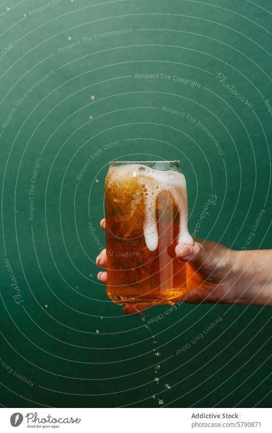 Erfrischendes helles Bier, das aus einem Glas fließt Licht schäumen Überlauf Hand grün Hintergrund eingießen Becher Getränk kalt Erfrischung Alkohol brauen