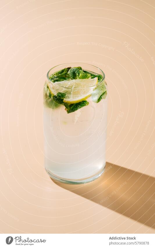 Erfrischender Mojito-Cocktail mit Zitrone und Minze Soda Wasser Glas erfrischend Getränk trinken Alkohol Mixologie sprudelnd Eis Schatten