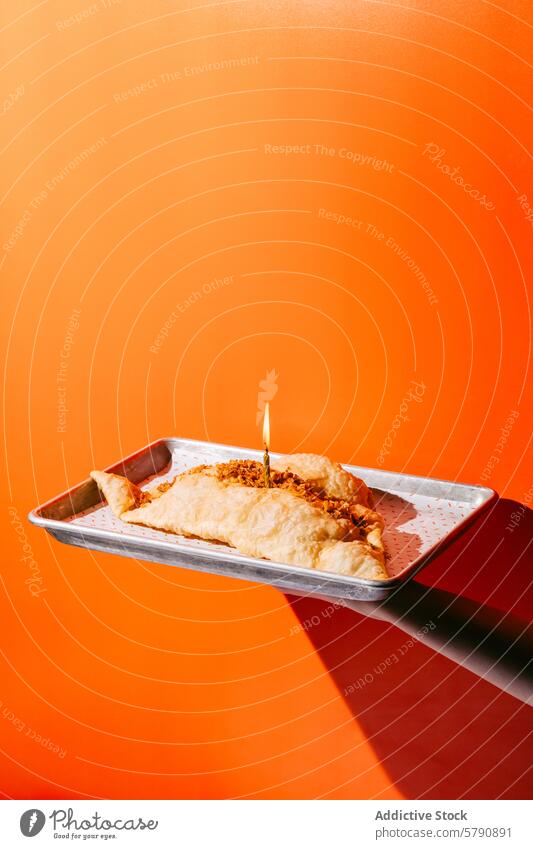 Herzhaftes gebackenes Cheburek auf einem Tablett mit festlicher Kerze cheburek Metall beleuchtet Feier Bohnenkraut oranger Hintergrund Küche Gebäck