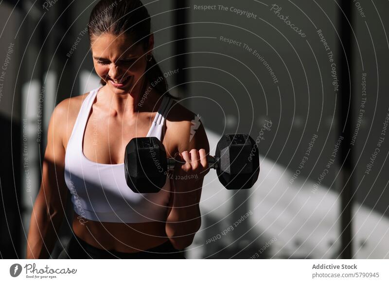 Sportliche Frau trainiert zu Hause mit Hanteln Athlet Fitness heimwärts Training Stärke Heben Gewichte Übung Kurzhantel Gesundheit im Innenbereich Tatkraft