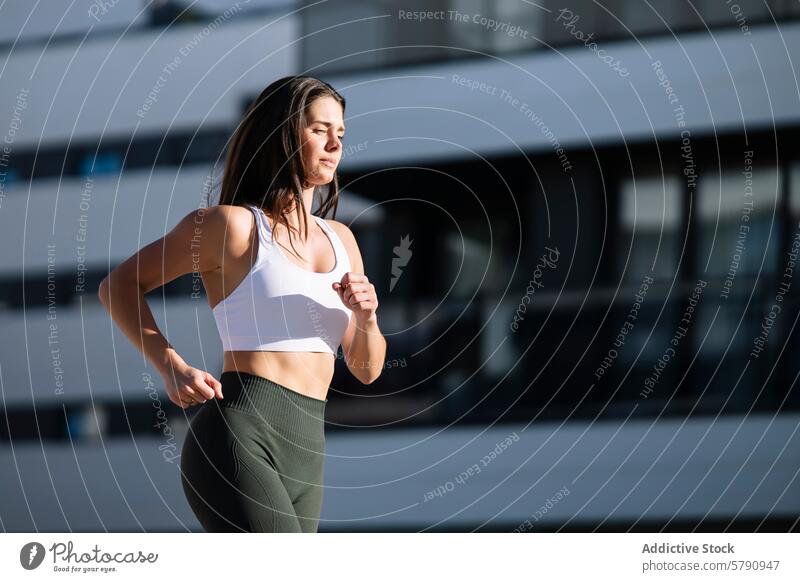 Aktive Frau beim Joggen in städtischer Umgebung Jogger Fitness Sportbekleidung aktiv Lifestyle Übung urban Gebäude modern Aktivität Gesundheit im Freien rennen