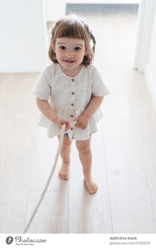 Lächelnd Kleinkind Mädchen spielen mit Seil drinnen Spielen im Innenbereich heiter Kleid beige hell Raum minimalistisch niedlich Kind Unschuld Spielzeit jung
