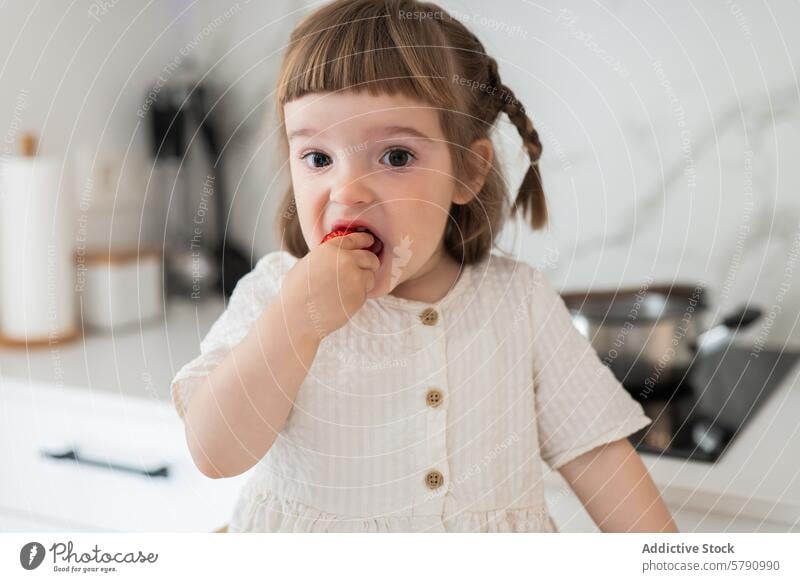 Kleines Kind genießt eine frische Erdbeere zu Hause Mädchen Essen Erdbeeren Küche heimwärts Frucht Snack niedlich Kleinkind Gesundheit heimisch Lifestyle