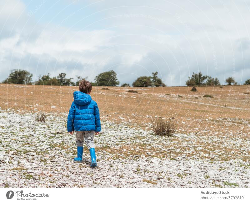Kleiner Junge erkundet ein verschneites Feld im Winter Schnee Kind Jacke Stiefel Natur im Freien Erkundung Freizeit Familie kalt Landschaft ländlich Tag jung