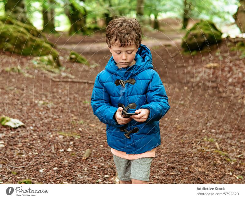 Junge erkundet die Natur während einer Familienfreizeit Kind im Freien Erkundung Jacke Zweig Baum Wald Freizeit Aktivität Jugend Neugier Kindheit Lernen Umwelt