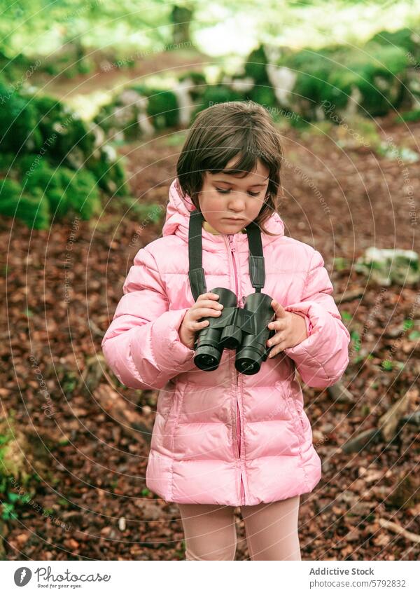 Junges Mädchen mit Fernglas erkundet die Natur Erkundung Kind Abenteuer Freizeit Familie Spaziergang nachdenklich rosa Jacke im Freien Wald Umwelt Enkelkind