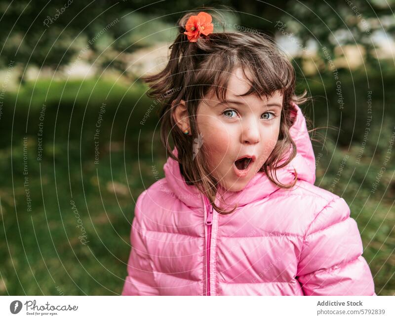 Überraschtes junges Mädchen genießt Familienzeit im Freien überrascht Ausdruck Freizeit Kind Schock niedlich rosa Jacke Natur Park Emotion verblüfft erstaunt