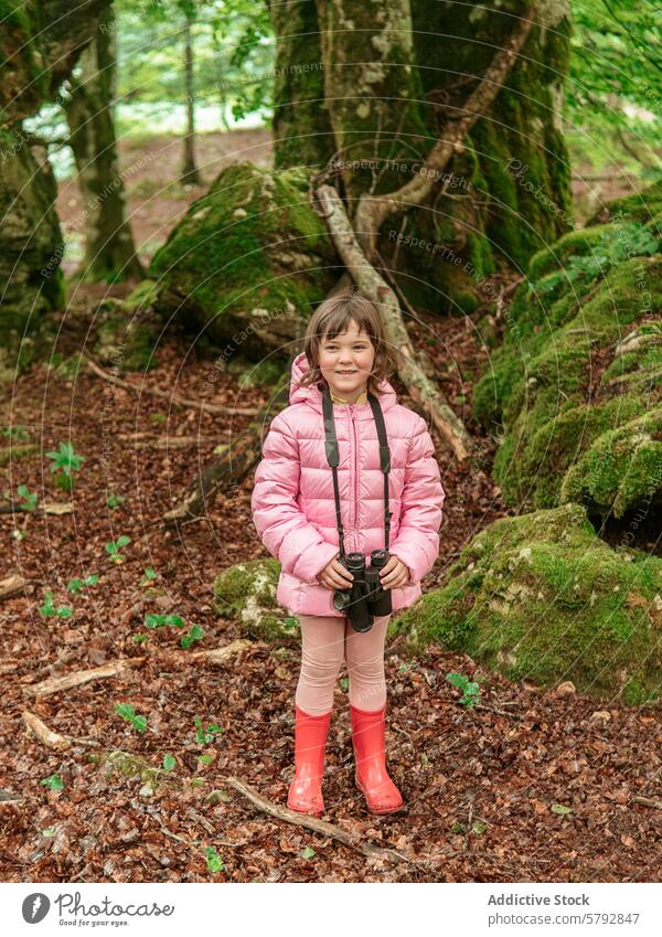 Enkelin mit Fernglas bei einem Spaziergang in der Natur Mädchen Wald Freizeit Enkelkind im Freien rosa Jacke rote Stiefel Moos Baum Kofferraum Blatt Boden