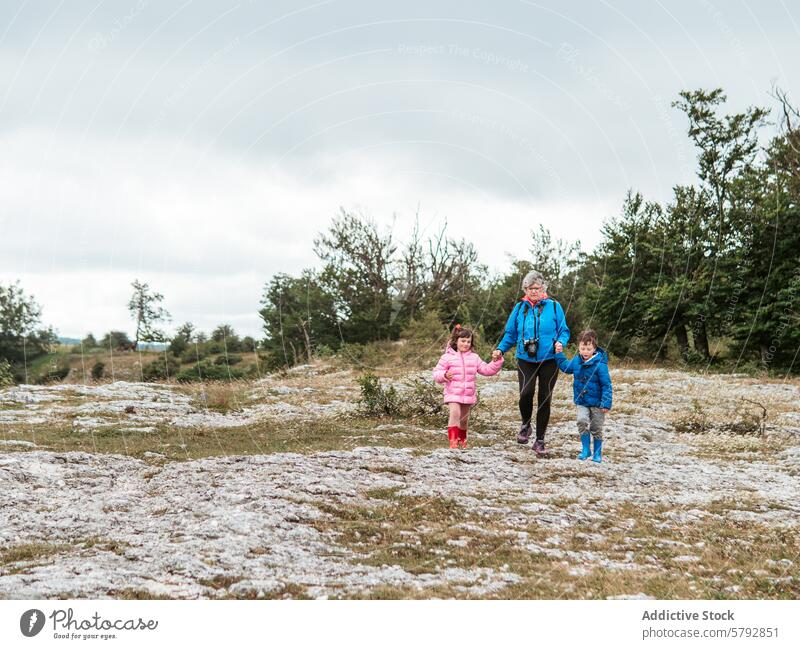 Großeltern mit Enkelkindern bei einem Spaziergang in der Natur Enkelin Familie Freizeit Landschaft Bonden Zusammengehörigkeitsgefühl im Freien Aktivität Kind