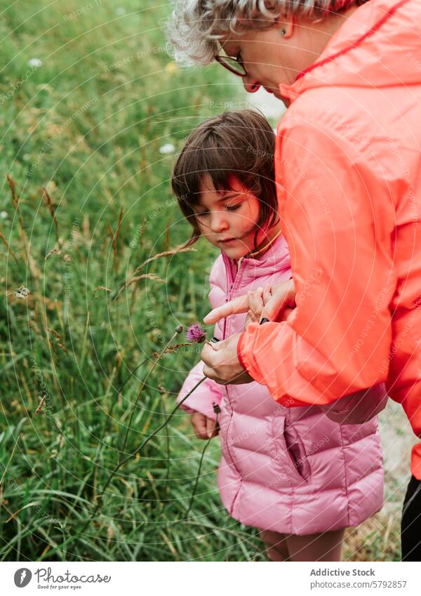 Großeltern und Enkelkinder erkunden gemeinsam die Natur Großmutter Enkelin Bonden Lernen Erkundung Familienfreizeit im Freien rosa Jacke helle Farbe Gras Blume