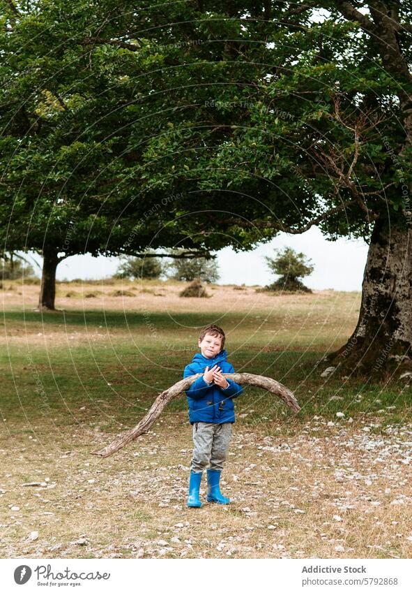 Junge hält großen Stock in Naturkulisse Kind im Freien kleben Baum Feld Gras Himmel blau Jacke Stiefel spielerisch Abenteuer Erkundung Freizeit Familie Glück