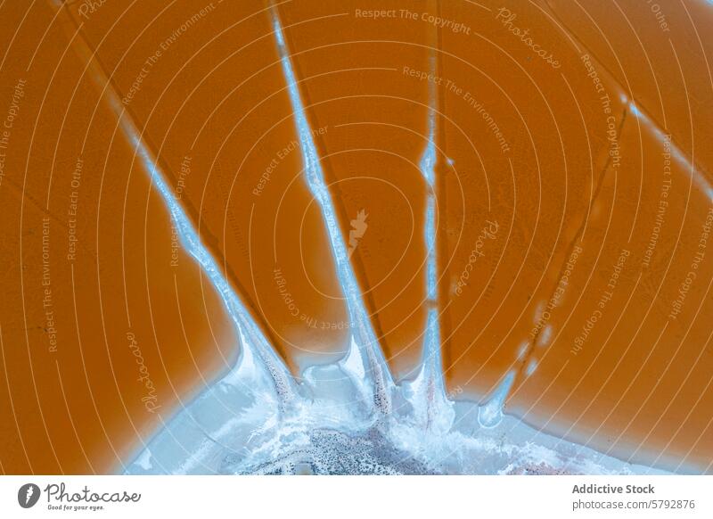 Luftaufnahme der Salzlagunen in Toledo, Spanien abstrakt Schönheit Muster Textur Kristallisation orange blau Wasser Kochsalzlösung Mineral Kruste Verdampfung