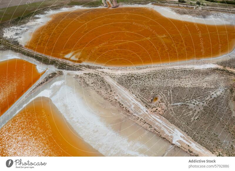 Luftaufnahme der lebhaften Salzlagunen in Toledo, Spanien Antenne Ansicht Lagune pulsierend farbenfroh orange weiß Tonung Sonnenlicht natürlich Muster
