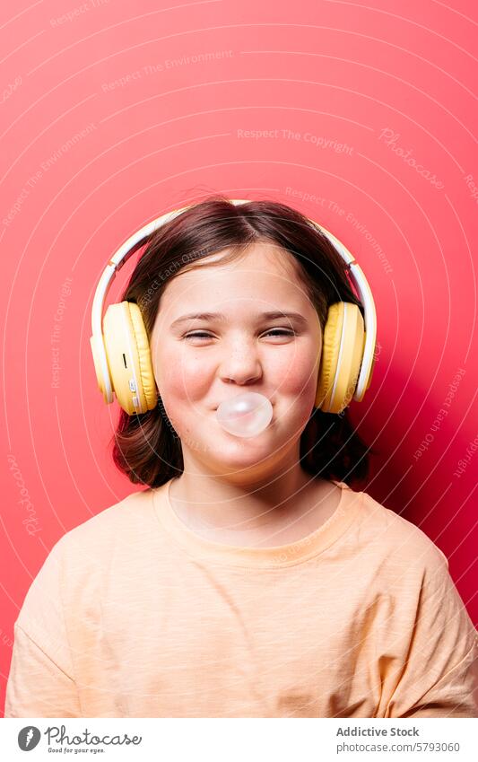 Mädchen genießt Musik und pustet Kaugummi Kopfhörer rot Hintergrund Atelier Porträt Genuss Freizeit Kindheit Spaß spielerisch pulsierend rosa Jugend lässig