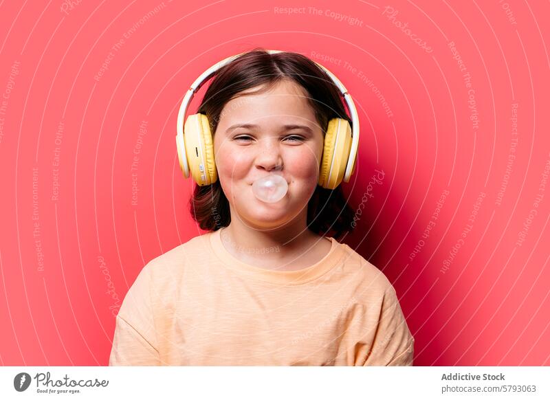 Mädchen mit Kopfhörern bläst Kaugummi im Studio roter Hintergrund Atelier Porträt Kind Musik Freizeit Spaß Genuss spielerisch Jugend pulsierend Lifestyle rosa