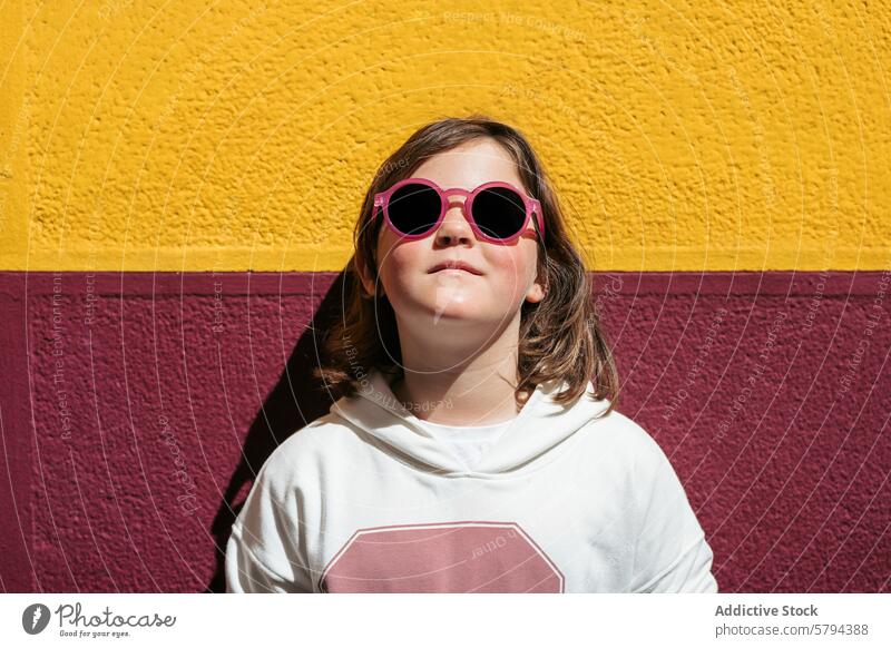Sommerglück mit einem Mädchen, das die Sonne genießt Sonnenbrille hell gelb kastanienbraun Hintergrund Stil stylisch Mode Accessoire Jugend Kind warm
