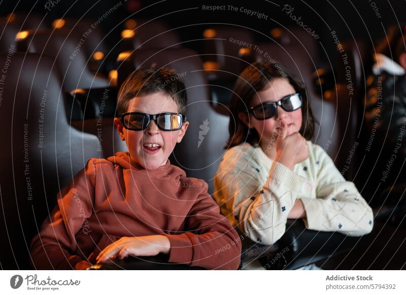 Sommer-Kinozeit: Kinder genießen einen 3D-Film im Kino 3D-Brille Junge Mädchen zuschauend Filmmaterial Genuss Freizeit Aktivität im Innenbereich Bildschirm