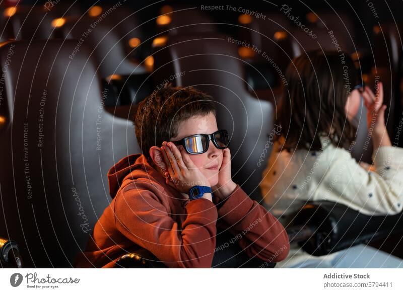 Kinder genießen einen Sommerfilm mit 3D-Brille Kino Junge Mädchen Film Theater Sitzgelegenheit zuschauend Filmmaterial dunkel Entertainment Jugend