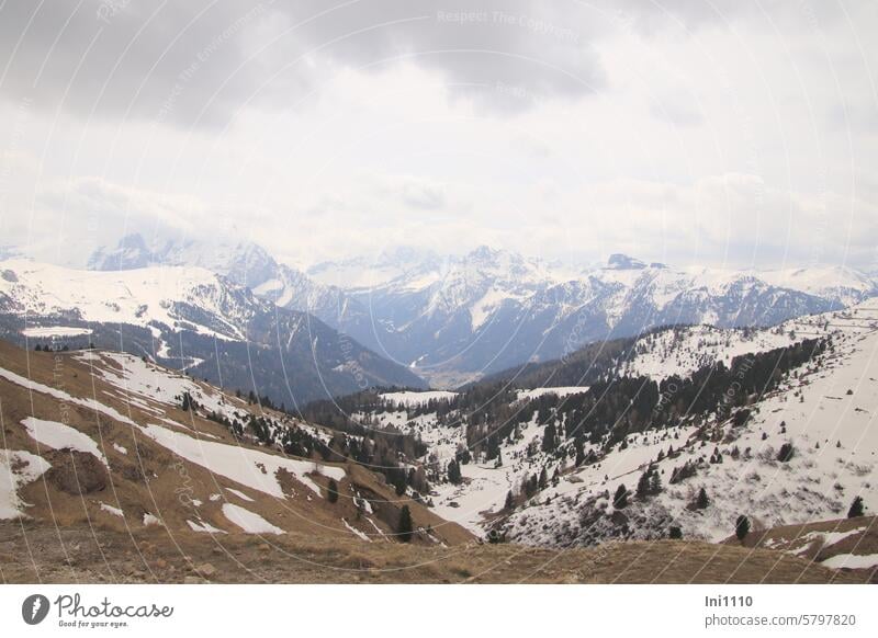 Dolomiten auf 2900m Natur Landschaft Frühling Südtirol Dolomitenrundfahrt Pordoi Pass Blick von oben Gebirge Berge Gebirgsketten Gebirgshänge diesiges Wetter
