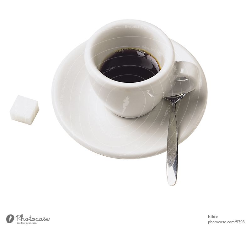 café Café Espresso Tasse Würfelzucker schwarz weiß Teller Löffel Getränk Erholung Kaffee black cup sugar white spoon porzelan