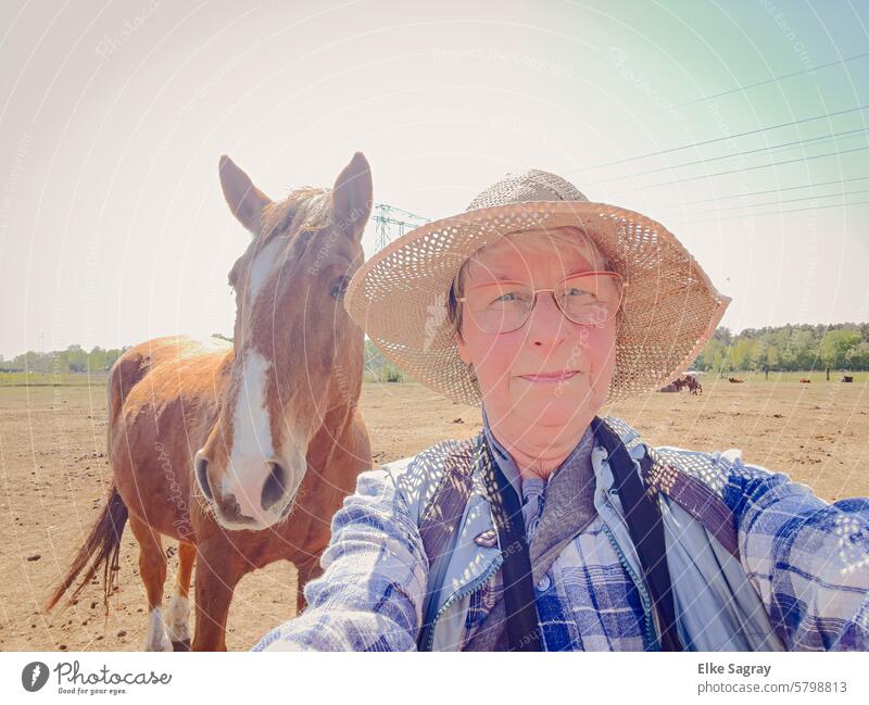 Frauen Porträt auf der  Koppel mit Pferd im Hintergrund Gesicht Natur Kopf Wiese Säugetier Auge Tier ländlich im Freien Weide braun Tierwelt