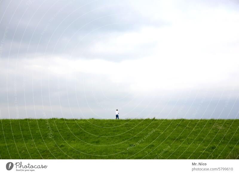 einzelgänger spazieren Spaziergang Deich Gras Damm Spazierweg Einsamkeit Himmel Natur Landschaft Umwelt Wege & Pfade Einzelgänger Hügel alleine