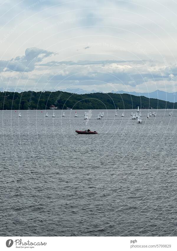 Die Kleinen auf hohem Kurs Regatta Segelboote Segelsport segeln Sport Wassersport Starnberger See Berge Bayern Wolken Beiboot Wasserfahrzeug klein mehere Ferien