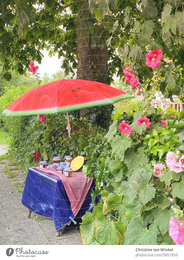 ein kleiner bunter Verkaufsstand am Wegesrand Marmelade Tisch Sonnenschirm selbstgemacht selbstgekocht verkaufen anbieten Stockrosen Baum Ahorn Hecke Gehweg