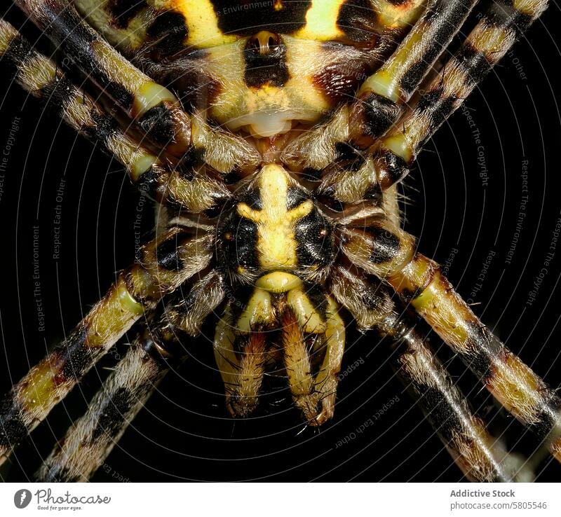 Nahaufnahme von Gesicht und Vorderbeinen einer Tigerspinne Spinne Makro Spinnentier Textur Markierung Detailaufnahme Natur Tierwelt Insekt Fotografie