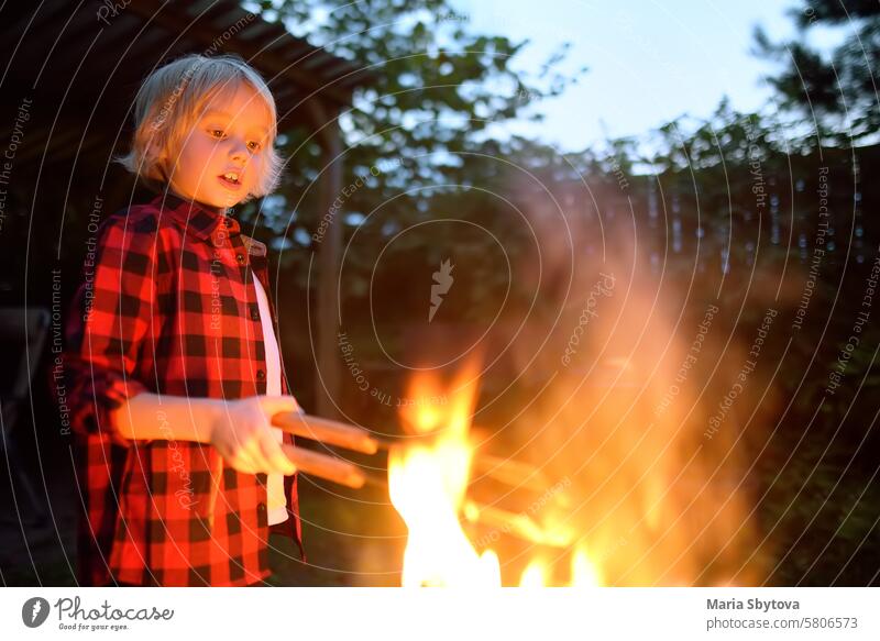 Süßer kleiner Junge brennt ein Lagerfeuer an einem Sommerabend im Hinterhof. Kind legt Brennholz in einer Feuerschale mit Zangen. Sommerferien für Kinder im Dorf.