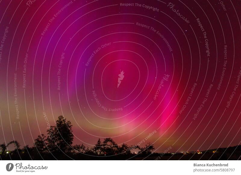 Tanzende zweifarbige Polarlichter über Deutschland Nacht Nachthimmel grün Licht Nordlicht Himmel Natur Außenaufnahme Landschaft pink Farbfoto Aurora borealis