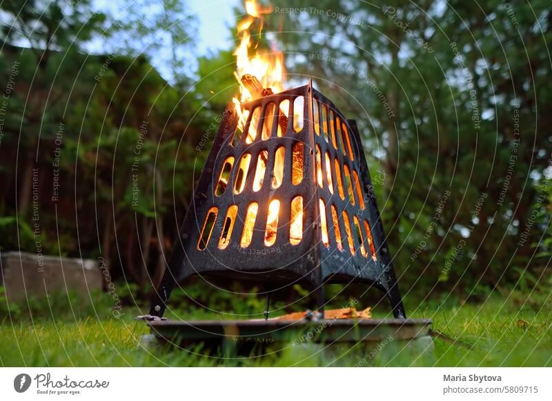 Ein brennendes Lagerfeuer in einer Feuerschale an einem Sommerabend im Hinterhof. Brennendes Feuerholz in einer Feuerschale. Freudenfeuer Schalen & Schüsseln