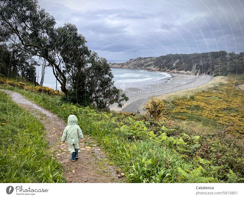 Kleines Mädchen läuft zum Strand, es regnet Tageslicht Horizont Meer Natur Urlaub Ferien & Urlaub & Reisen Landschaft Wellen Brandung Flut Ebbe Wolken Wasser