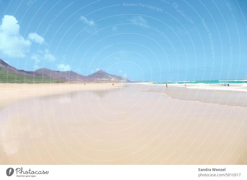 Sandstrand auf Fuerteventura Cofete Meer Sommer Berge Ferien Urlaub Kanaren Sonne Landschaft