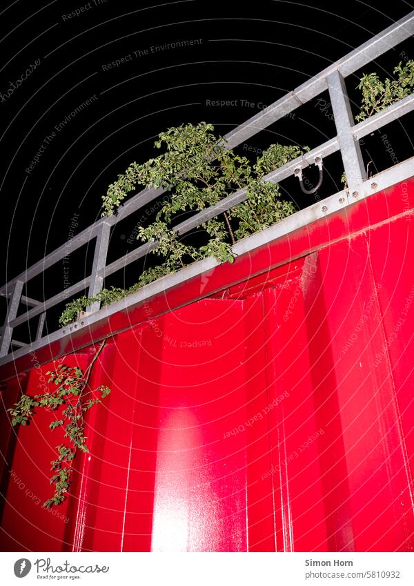 massive, rote Stahlkonstruktion mit Geländer, durch das eine grüne Pflanze wächst Befestigung Anlage stabil bewachsen Konstruktion Architektur Bauwerk Busch